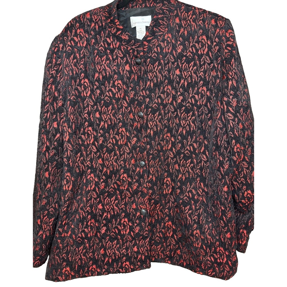 Drapers Damons XL Black Red Leaf Floral Jacquard Button Jacket Lined Dry Clean